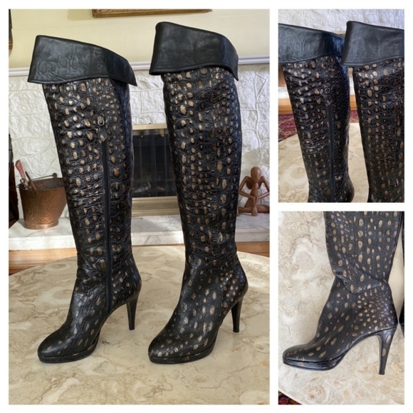 Black/Gold Italian leather over the knee boots - Picture 12 of 15